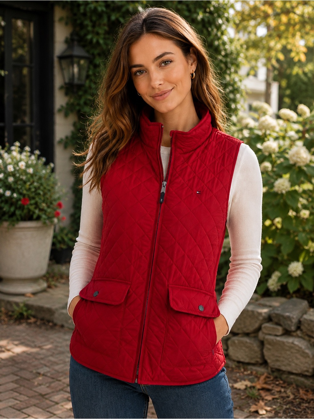 Tommy Hilfiger Red Quilted Puffer Vest NWT Preppy Zip Front Jacket